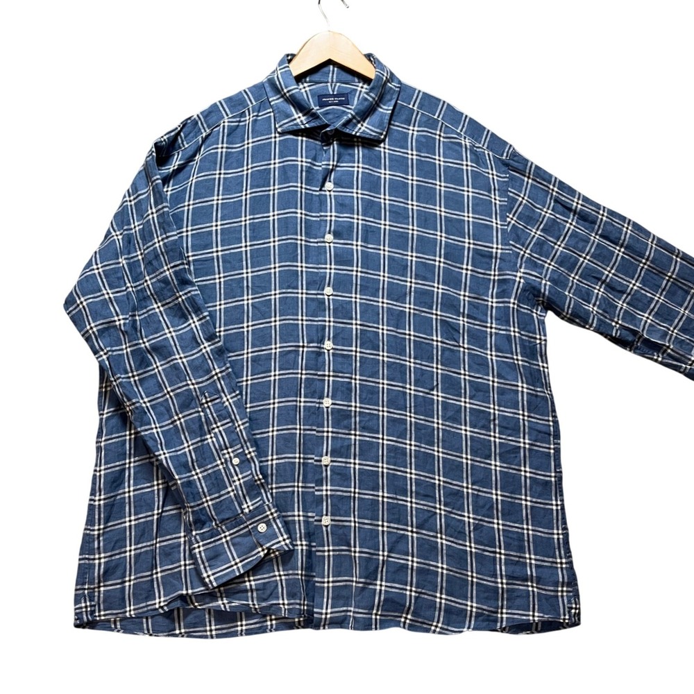 Proper Cloth Button Down Shirt Mens 3XL Blue Windowpane Plaid Linen Blend EUC